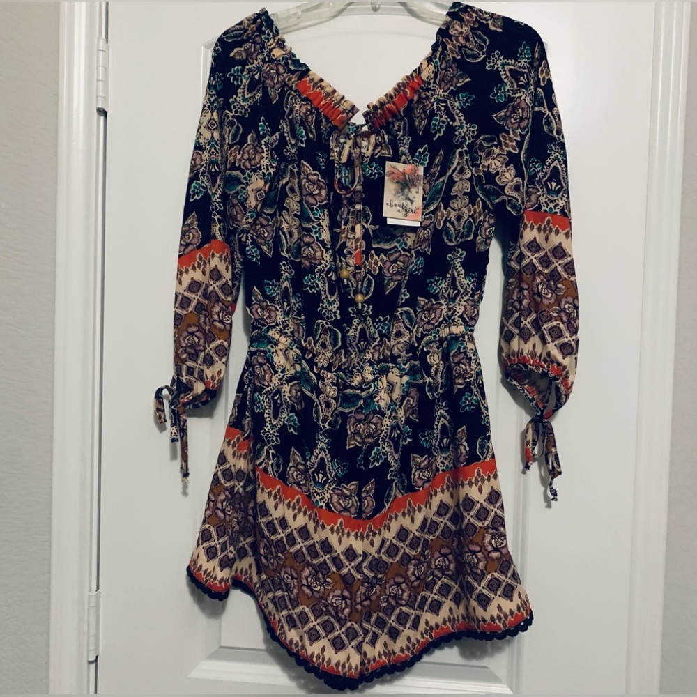about a girl, long sleeve off shoulders romper, elastic waist tie sleeves Large